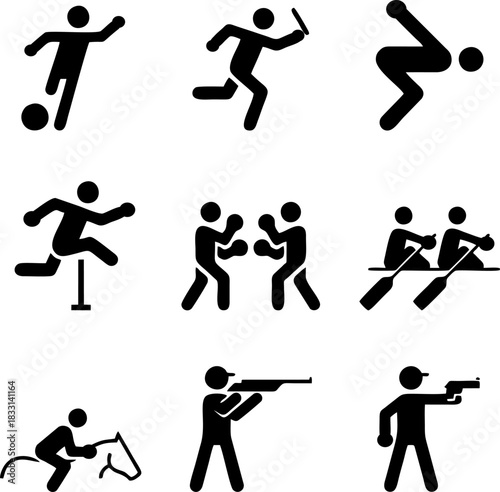 GYM stick figuSport people icons gym lifting warmup stretch symbols fitness poses pictograms sports exercises athlre 016.eps