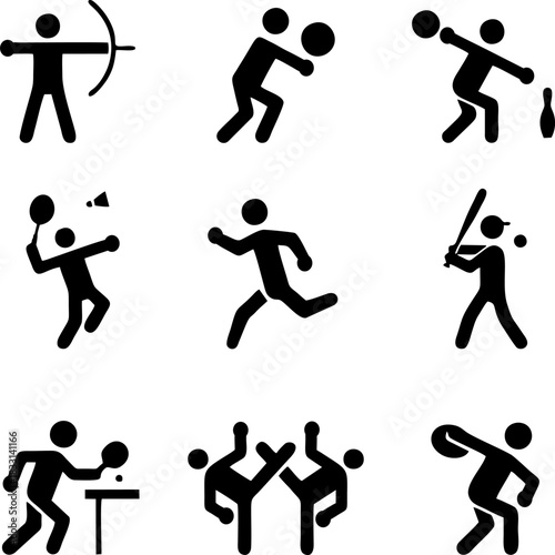 Sport people icons gym lifting warmup stretch symbols fitness poses pictograms sports exercises athl