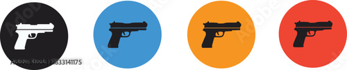 Handgun silhouette icons, firearm vector set, weapon symbol illustration, safety graphic design, colored circular elements, tactical concept, defense tool