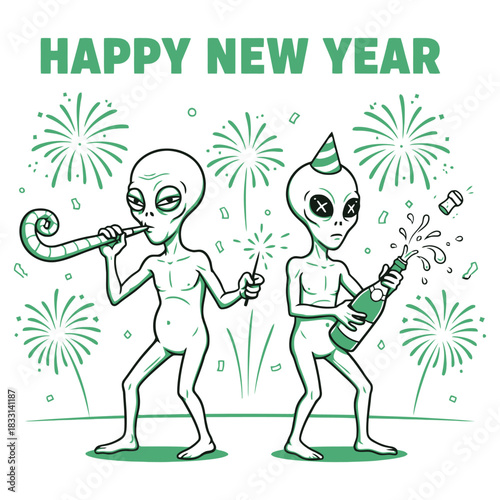 Funny Aliens Celebrating New Year with Champagne and Fireworks Vector Illustration