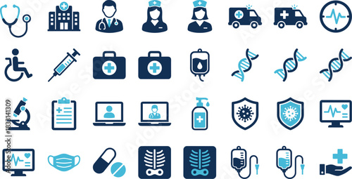 Healthcare, Medical, and Emergency Services Icon Set Featuring Doctors, Nurses, Ambulance, DNA, X-Ray, Hospital Building, and Public Health Safety Concepts, Vector.