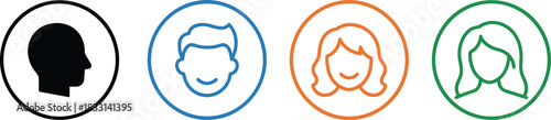 Human profile icons, demographic face symbols, male and female avatar illustration, identity representation graphics, user interface design elements, vector set