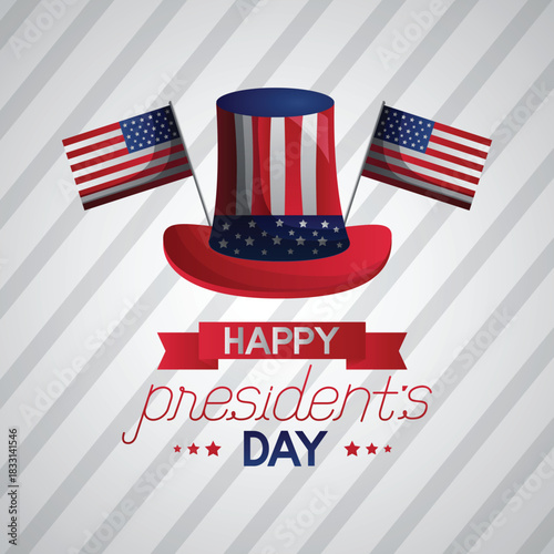 Happy President’s Day illustration with a patriotic top hat and crossed American flags on a clean striped background.