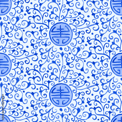 Monochrome blue and white porcelain watercolor style chinoiserie seamless pattern with Chinese traditional longevity symbol