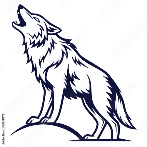 Stylized black and white illustration of a howling wolf