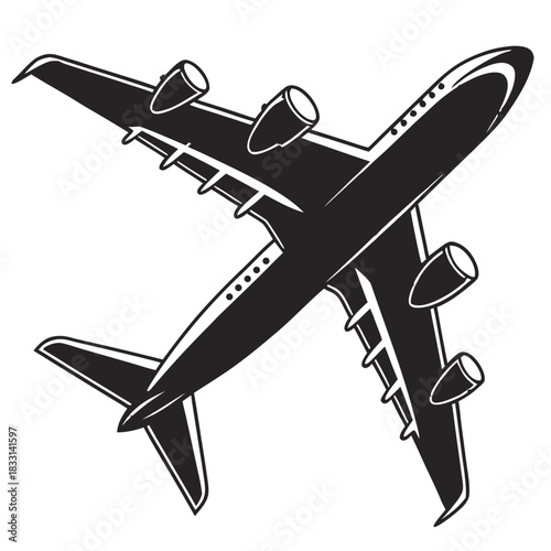 Black and white silhouette of a large passenger airplane in flight