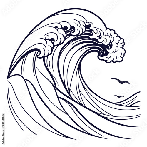 Stylized black and white line art drawing of a large ocean wave