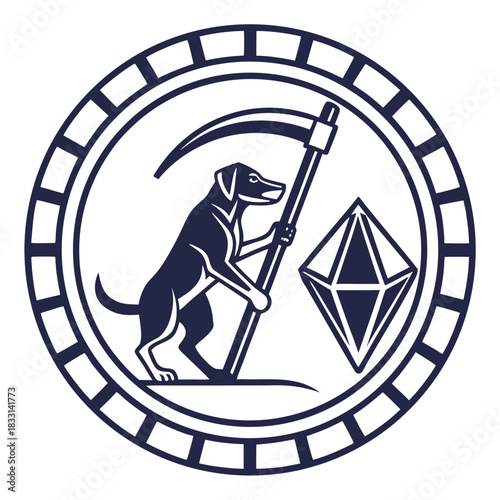Dog holding scythe and diamond in circular emblem white