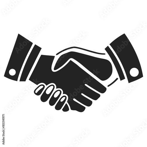 Black and white icon of two hands shaking in a firm agreement