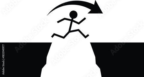Jumping person silhouette, overcoming obstacle, success concept, risk taking, motivation, progress symbol, leap of faith, achievement, determination, challenge