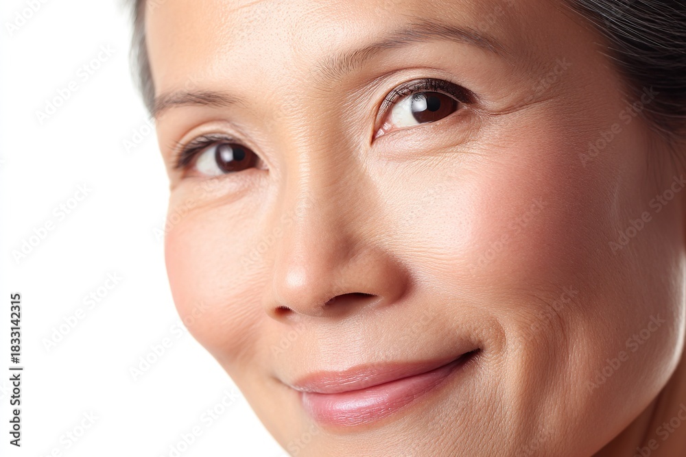 Fototapeta premium Beautiful woman with clear skin smiling at camera against white background, clean healthy facial features, side face focus for skincare product beauty effect advertisement.