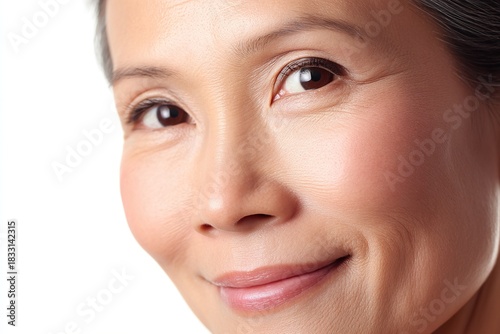 Beautiful woman with clear skin smiling at camera against white background, clean healthy facial features, side face focus for skincare product beauty effect advertisement.