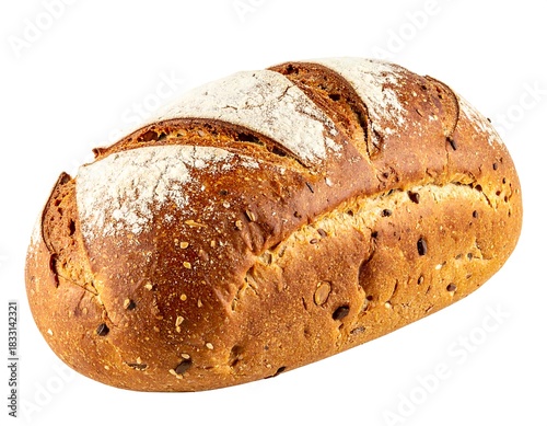 Crusty loaf. Golden brown bread, sprinkled with seeds and flour, sits against a stark white background