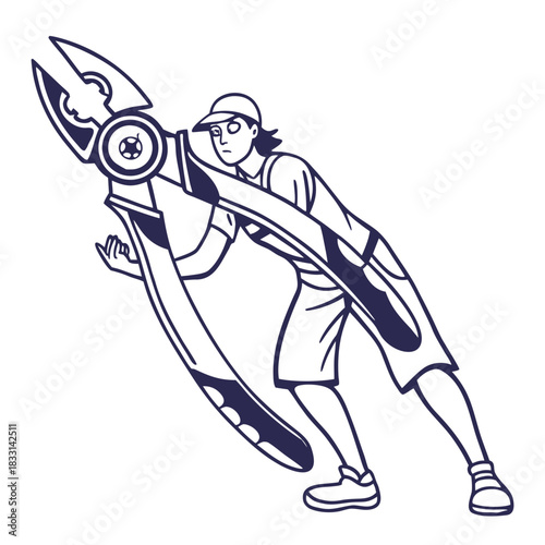 Cartoon worker holding giant pliers