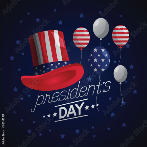 President’s Day design with a patriotic top hat and red, white, and blue balloons on a dark festive background.