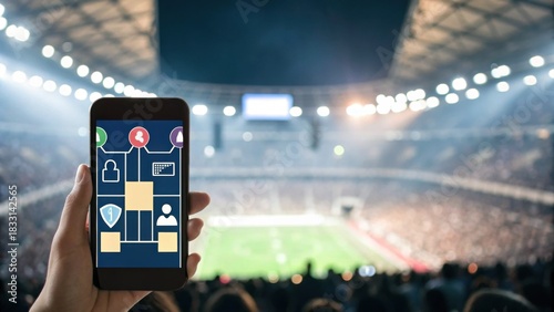 A hand holds a smartphone displaying various app icons, with a bustling stadium in the background, highlighting the intersection of technology and sports.