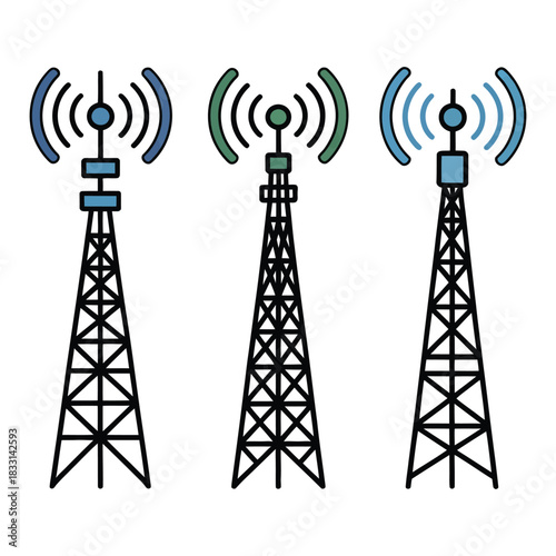 Set of Communication Towers Icons for Telecommunications Industry Wireless Technology Equipment Transmitter Antenna Mast Electrical Signal Connection Station