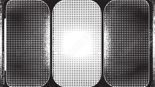 Black and white halftone dot pattern with rounded edges and textured borders abstract background