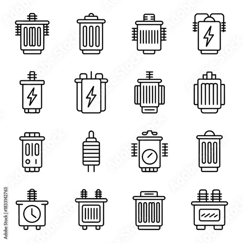 Set of Electrical Power Transformer Icons in Line Art Style Black and White Isolated on Transparent Background for Schematics and Diagrams Suitable for Electrical Plans