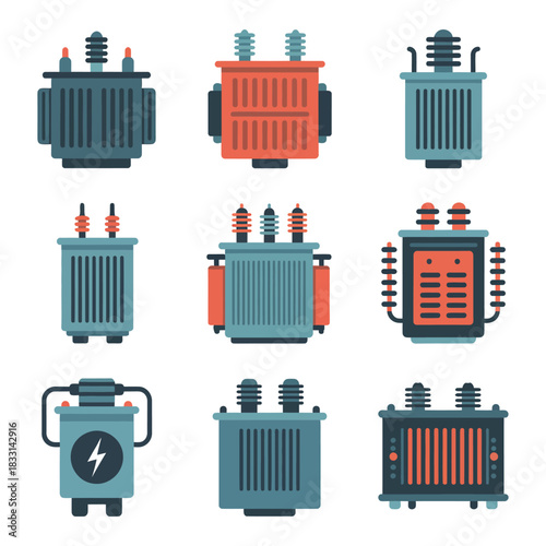 Set of Electric Power Transformer Flat Color Icons in Vector Style Isolated on Transparent Background Perfect for Electrical Engineering and Technology Designs and Projects