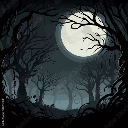 Illustration of a forest with a spooky full moon