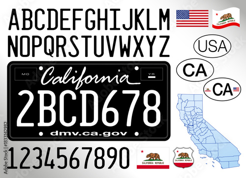 California state car license plate, blackout style, letters, numbers and symbols, vector illustration, United States of America