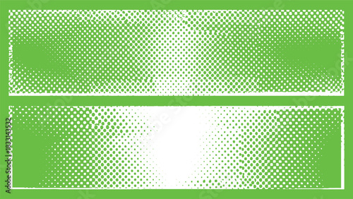 Two green rectangular frames with white halftone dot patterns fading from dense to sparse background