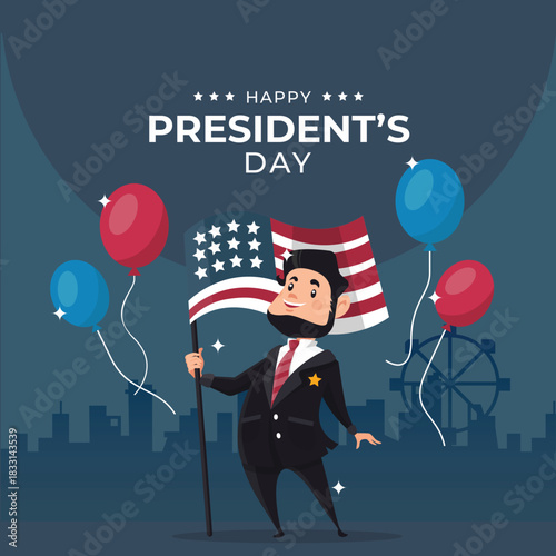 Happy President’s Day illustration featuring a suited character holding balloons in red, white, and blue with city skyline background. Great for festive U.S. holiday visuals.