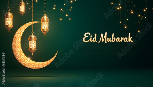 Eid Mubarak Banner with Golden Lanterns and Crescent Moon