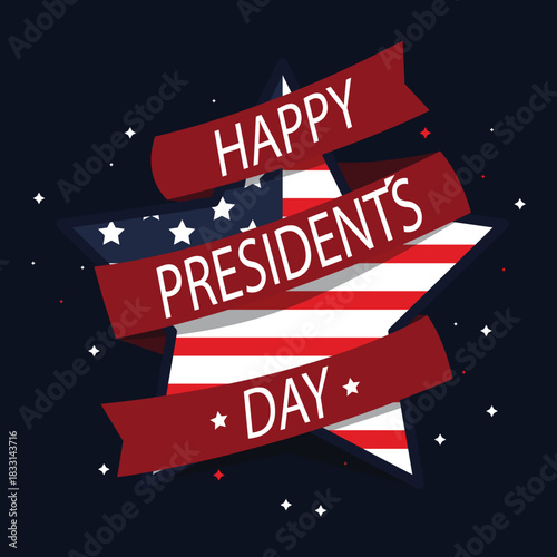 Bold President’s Day banner design with layered red ribbons, stars, and American flag colors on a dark background. Ideal for promotional graphics and holiday announcements.