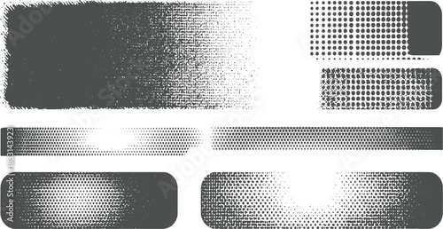 Collection of gray halftone dot patterns and textured rectangles on white background vector