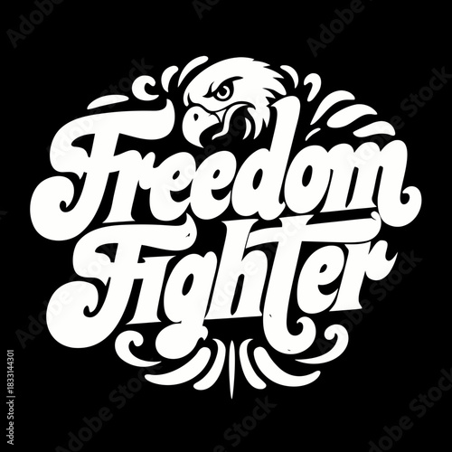 White freedom fighter text with distressed eagle emblem