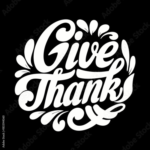 White give thanks script with falling leaves on black