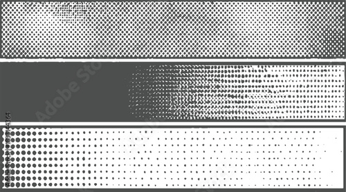 Three horizontal bands of grayscale dot patterns with varying density and size halftone texture