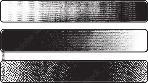 Three black and white horizontal bars with rounded corners featuring halftone dot patterns and gradients