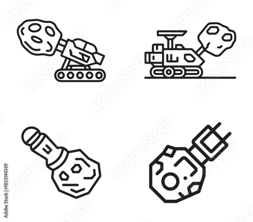 Futuristic asteroid mining machine outline with industrial elements and space exploration silhouette