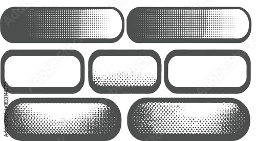 Seven rounded rectangular shapes with halftone dot patterns in gray and white abstract background