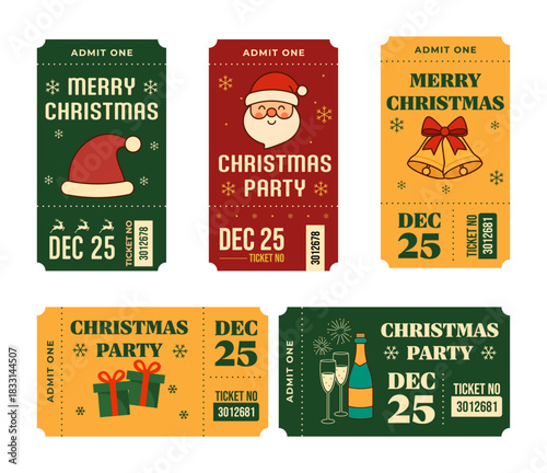 Christmas tickets in green, red, and yellow colors-Editable Strokes