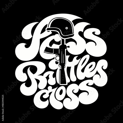 White helmet on rifle forming a cross against black background