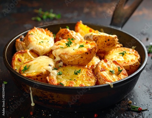 Deliciously cheesy potatoes in a pan, a culinary delight perfect for comfort food