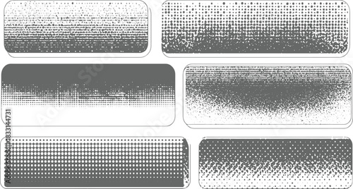 Six grey rounded rectangles with halftone dot patterns fading from dense to sparse texture