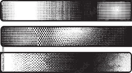 Three horizontal bars with black and white halftone dot patterns fading from solid to sparse abstract