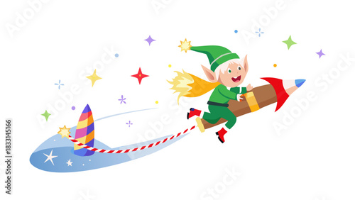 A playful elf zooming through the sky on a candy cane rocket, colorful trails behind, stars shining, whimsical Christmas adventure
