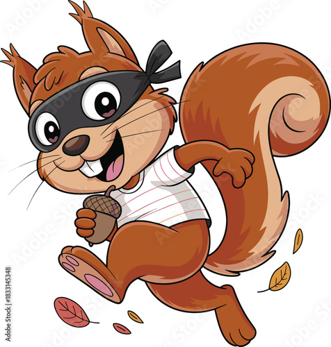 Happy cartoon squirrel thief — playful forest character with mask, striped shirt, acorn loot, autumn leaves, and joyful expression