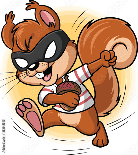 Running cartoon squirrel thief — playful character with mask, striped shirt, acorn loot, and dynamic motion in humorous forest design
