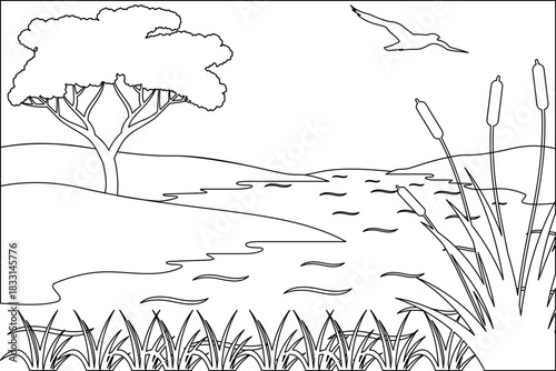 Wetland scenery outline drawing vector. World Wetland Day background inspirations. Wetland creative background