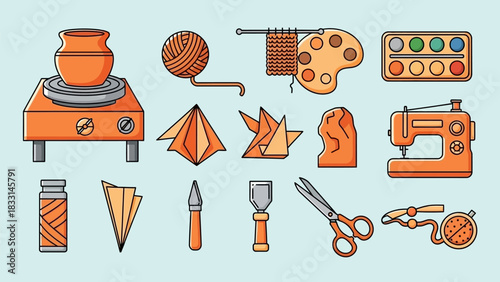 Illustration of various craft and hobby tools including pottery wheel, sewing machine and knitting items