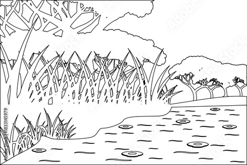 Wetland outline drawing vector, Nature wetland background