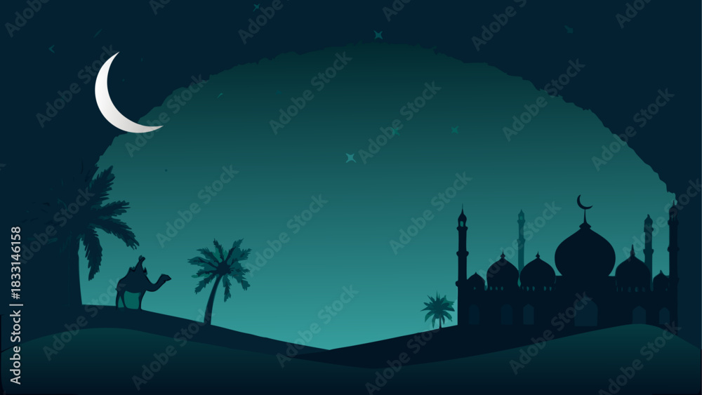 Naklejka premium Silhouette desert scene with mosque and camel ride