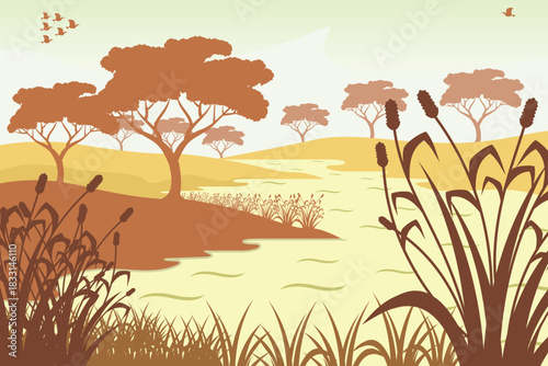 Wetland Landscape scenery vector. World Wetland Day background vector. Wetland nature vector illustrations